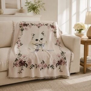 Teen Home Pink Floral Cat Woven Throw Blanket 50x60 White Persian Kitten Rose